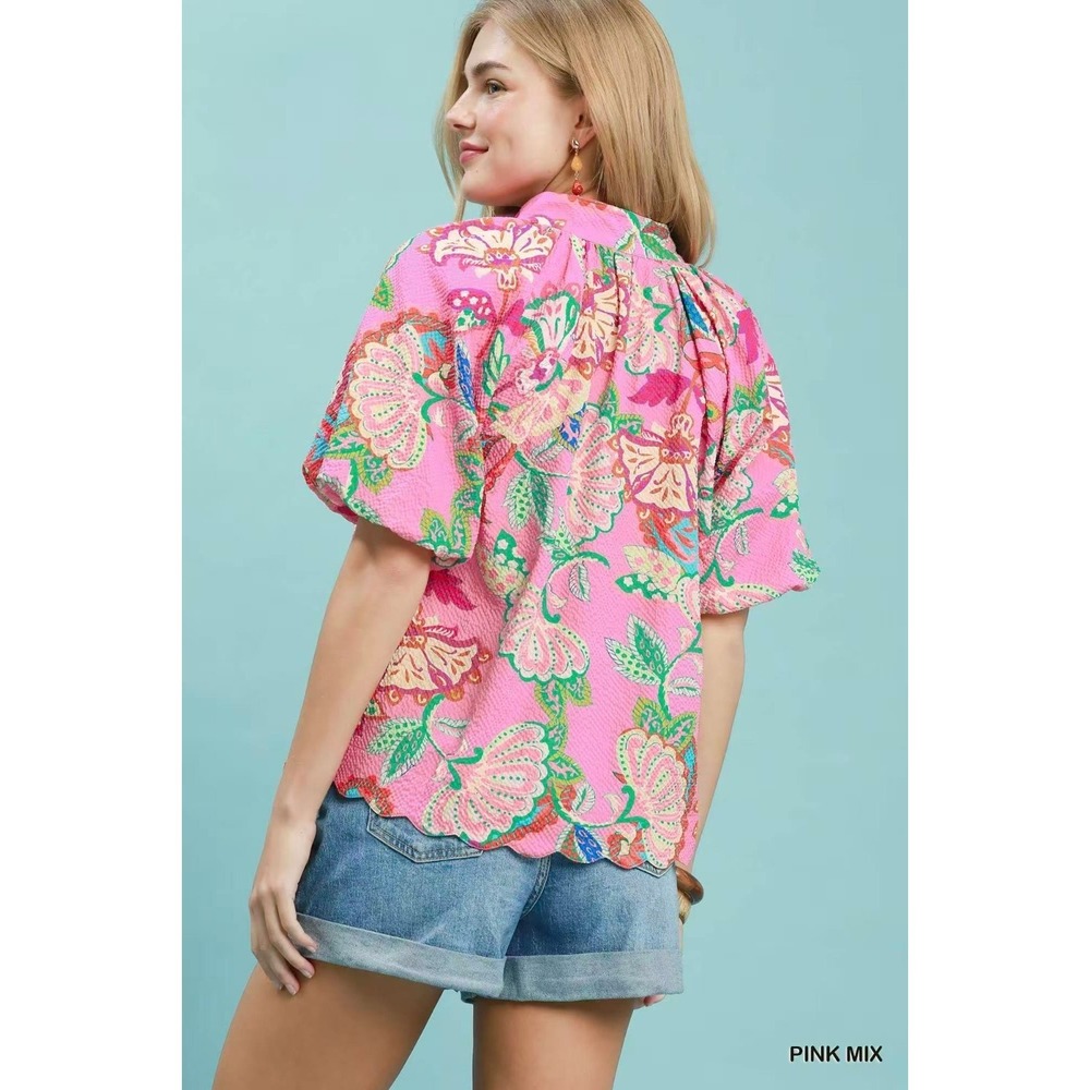 Umgee Mix Floral Print Scallop Hem Blouse - Pink mix - medium - Picture 3 of 5